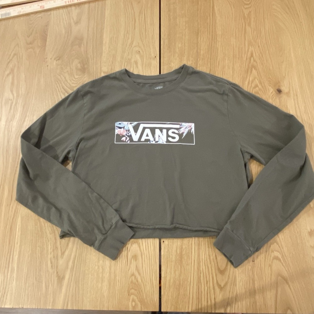 Vans Women's Green Tropicals Box Long Sleeve Crop Tee (VN0A5L56KCZ) Medium Shirt